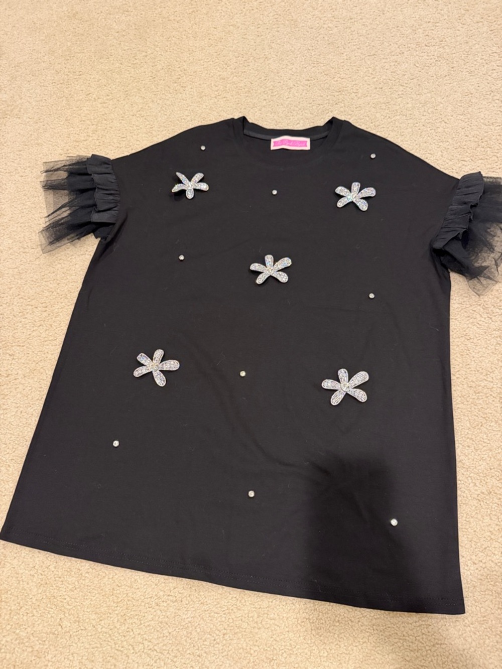 Black Mini Dress with Tulle Ruffle Sleeves & Sparkle Flower Appliqués